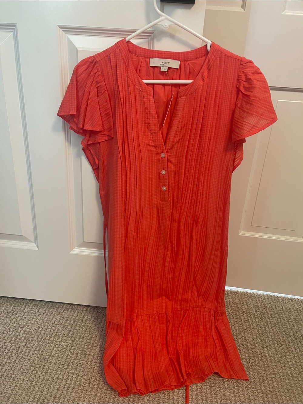 LOFT Coral Flutter-Sleeve Button-Front Dress